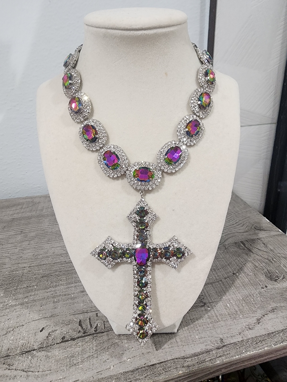 Multicolor Oil Slick Crystal Cross Statement Necklace -